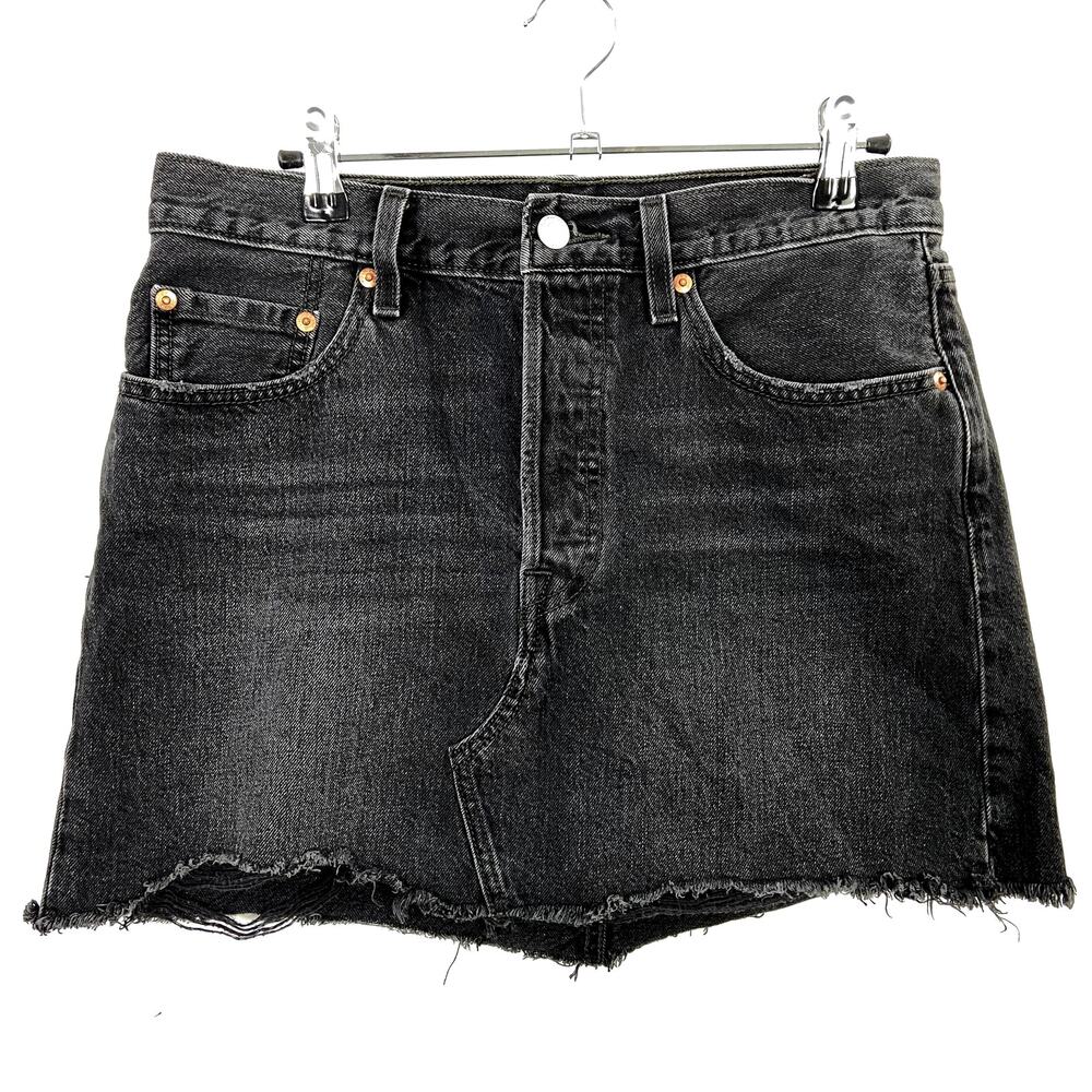 LEVIS Black Denim Skirt Button Fly Raw Hem Size Size 28